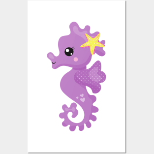 Cute Seahorse, Purple Seahorse, Starfish, Hearts Posters and Art